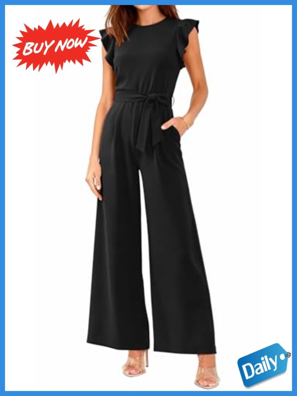 Women's Dressy Wide Leg Jumpsuit Ruffle Cap Sleeve Belted